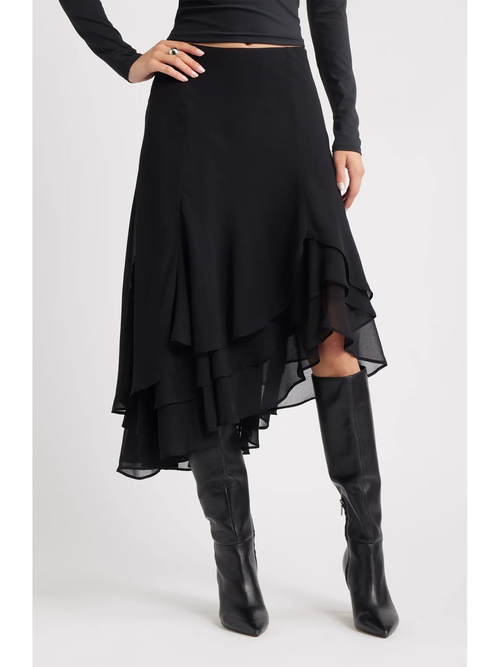 Black Asymmetric Layered Midi Skirt - Women